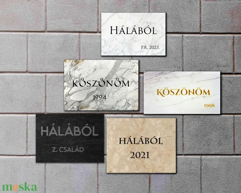 Hálatábla választék: különböző márvány és gránit típusok, betűstílusok