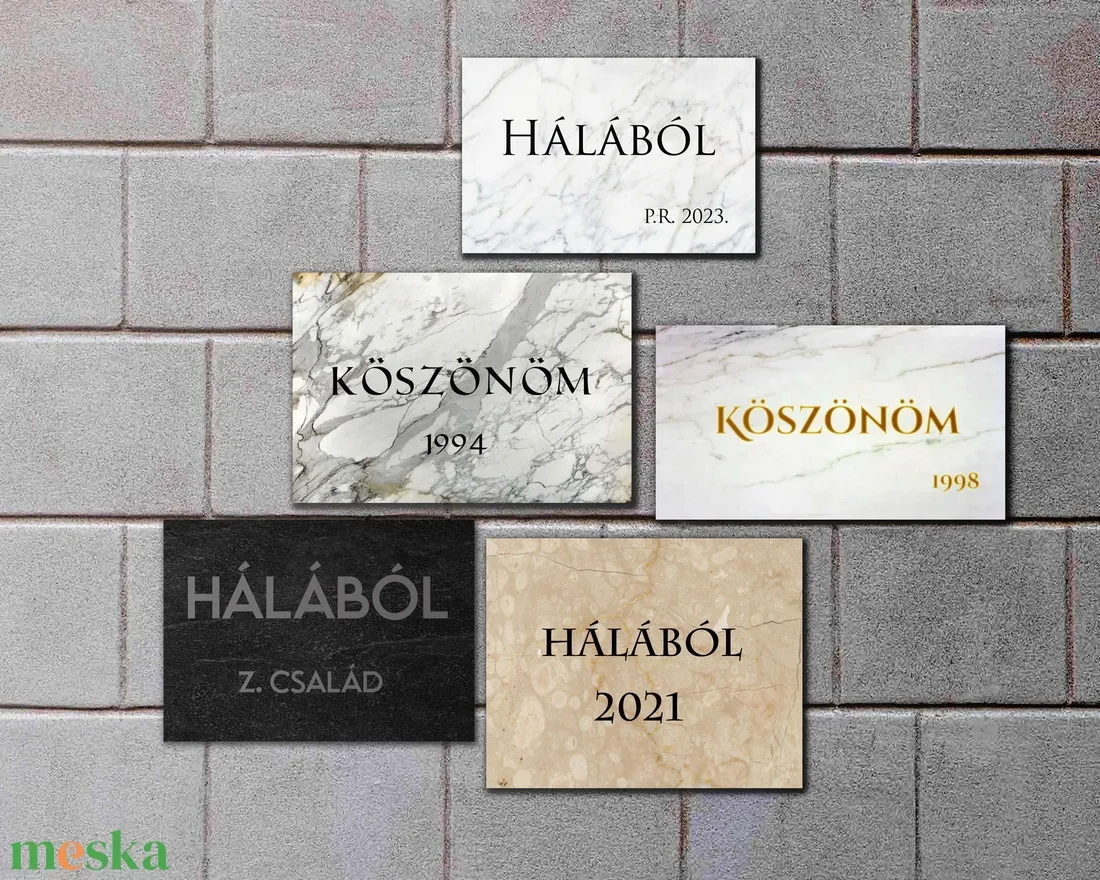 Hálatábla választék: különböző márvány- és gránittípusok, betűstílusok és feliratok