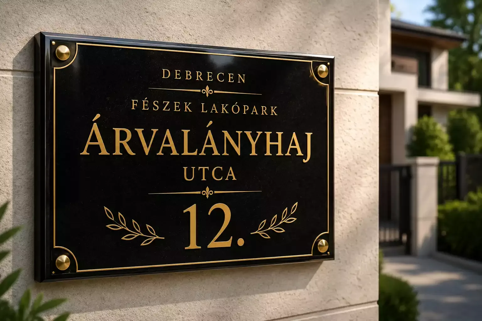 Fekete gránit emléktábla aranyozott felirattal és díszkerettel — a látványtervtől a kész tábláig